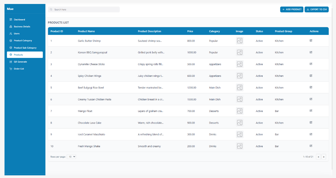 SnapServe menu builder showing categories, products, and item management tools