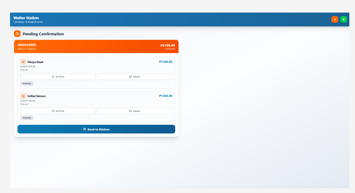 SnapServe waiter station showing pending customer orders and order confirmation actions