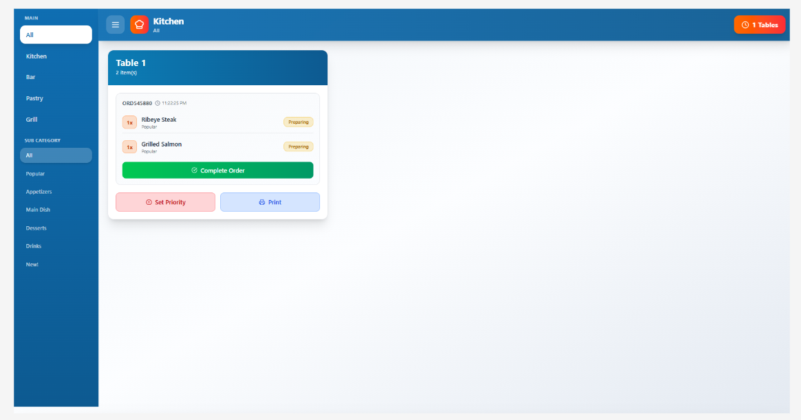 SnapServe kitchen display showing order preparation and kitchen task management